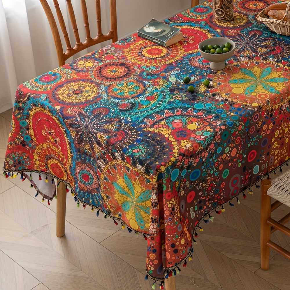 Tablecloth | Geometric Medallion Print & Tassel Fringe