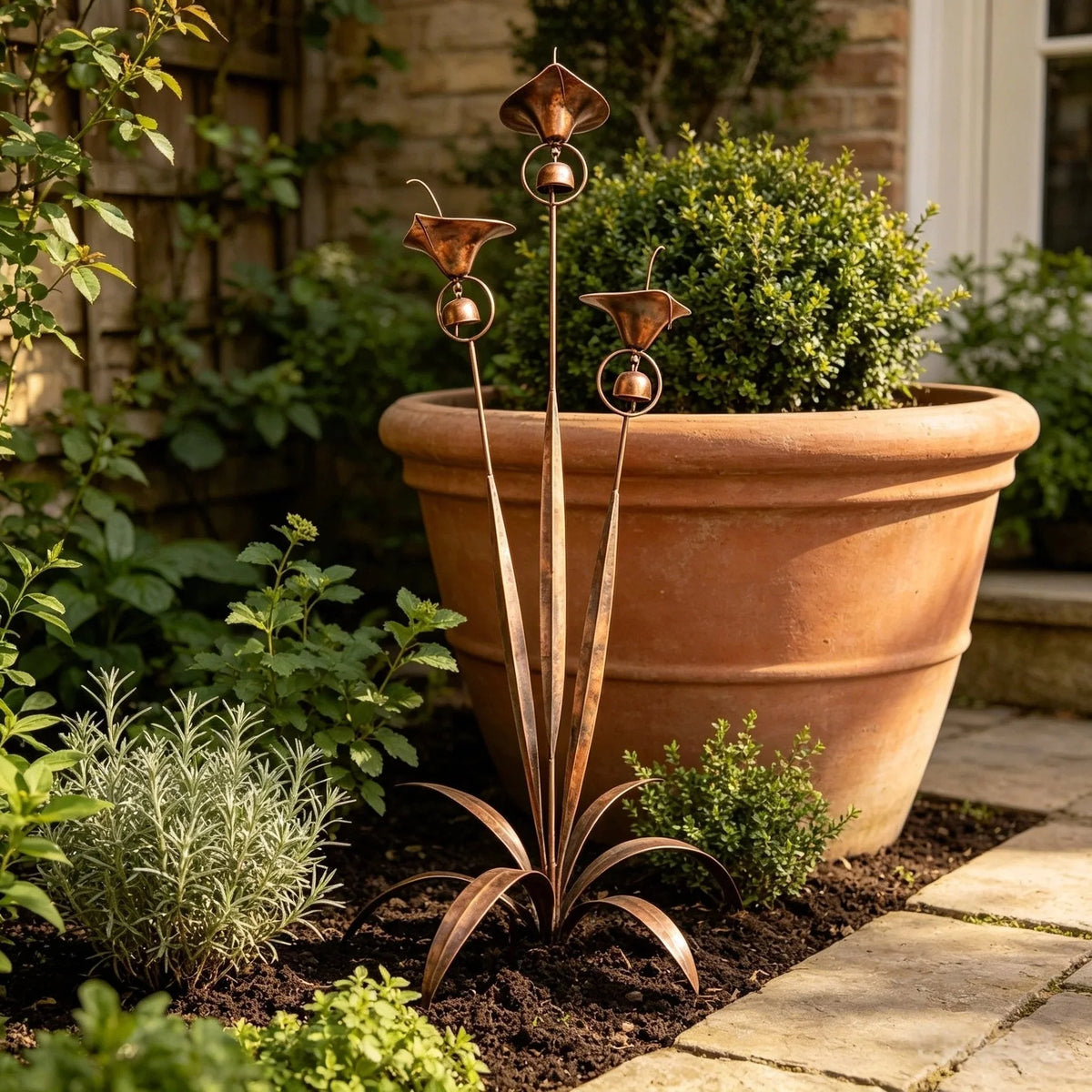Garden Stake | Calla Lily Design, Flame-Treated Copper & Hanging Bells | 120 cm