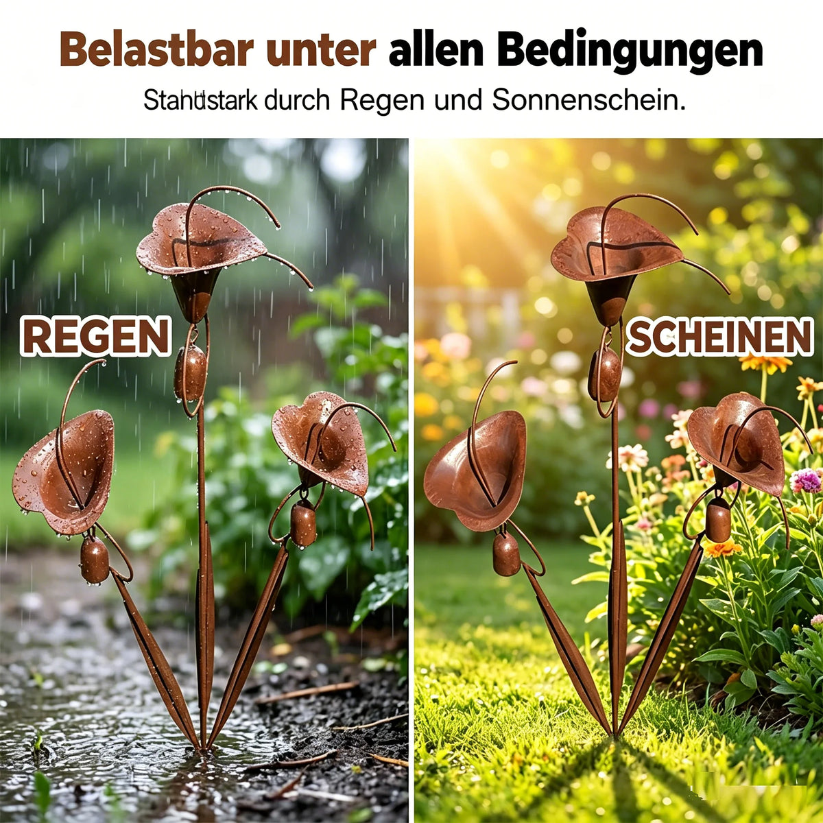 Garden Stake | Calla Lily Design, Flame-Treated Copper & Hanging Bells | 120 cm