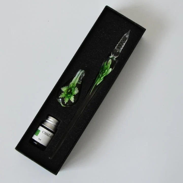 Glass Calligraphy Pen | Handmade Borosilicate & Threaded Tip | Includes Ink & Holder