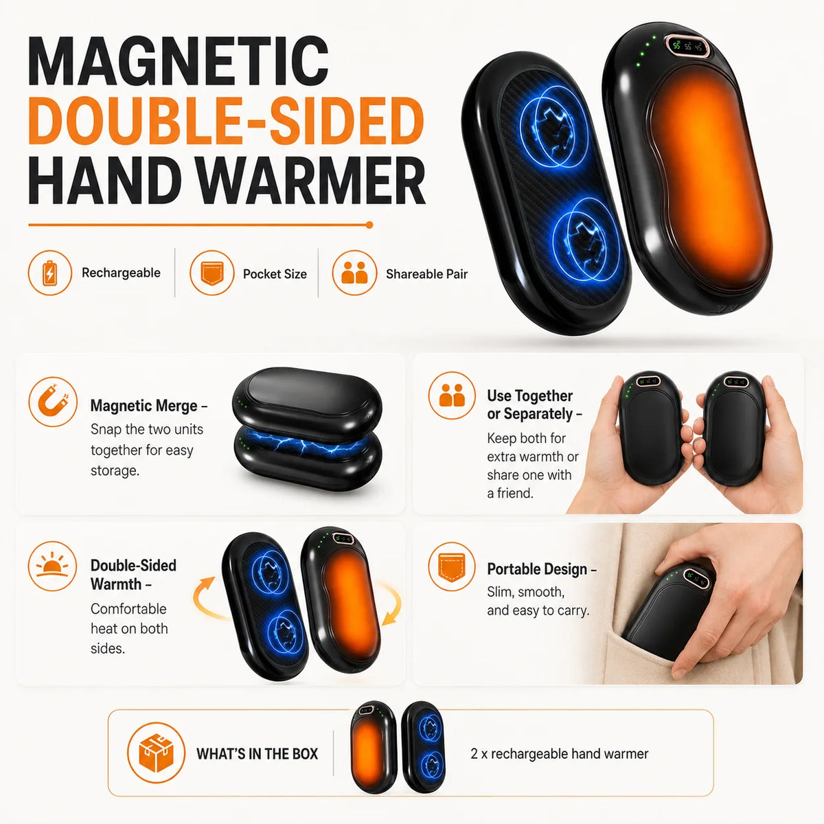 Hand Warmer | Magnetic Double-Sided & USB Rechargeable | Set of 2