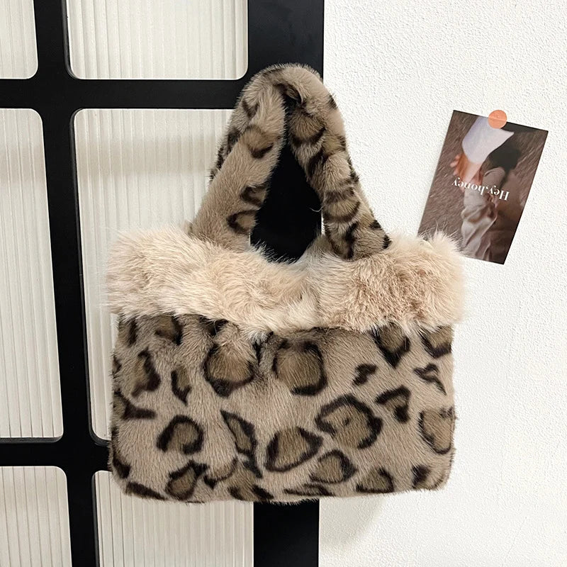 Handbag | Plush Faux Fur Leopard Print & Top Handles