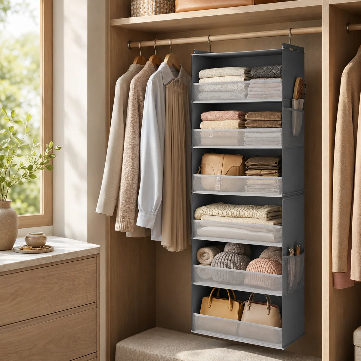 Hanging Closet Organizer | Mesh Side Pockets & Split-Zip Design | 6 Shelves