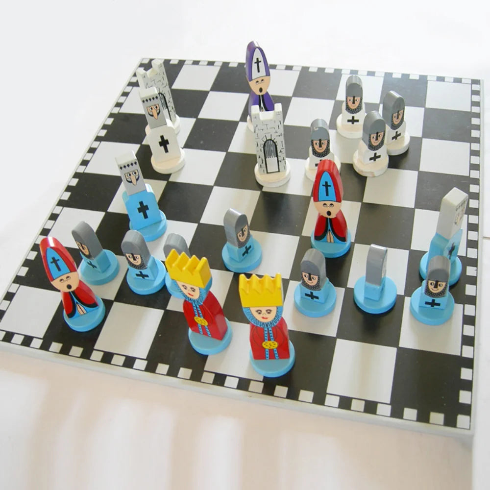Kids Chess Set | Cartoon Pieces & Solid Wood | Includes Storage Bags