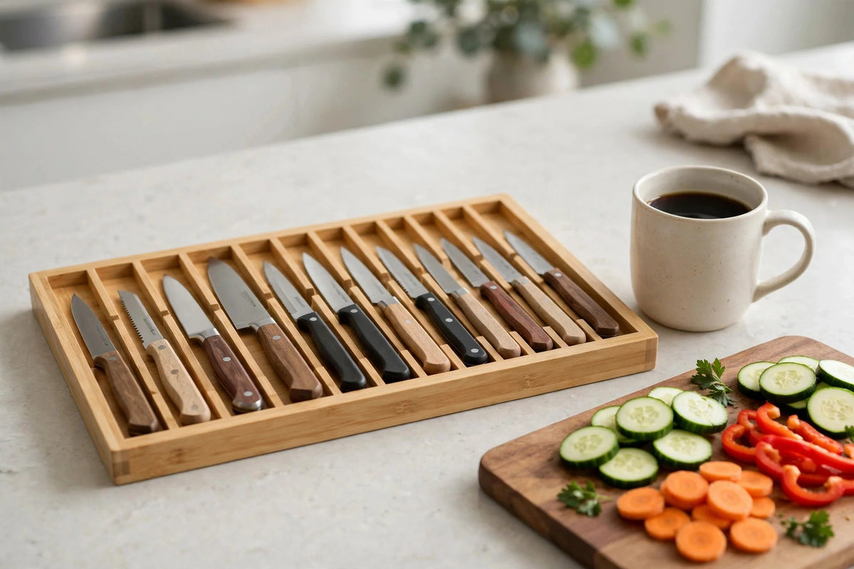 Knife Drawer Organizer | Solid Bamboo & Space-Saving | 12 Slots