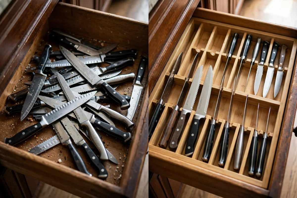 Knife Drawer Organizer | Solid Bamboo & Space-Saving | 12 Slots