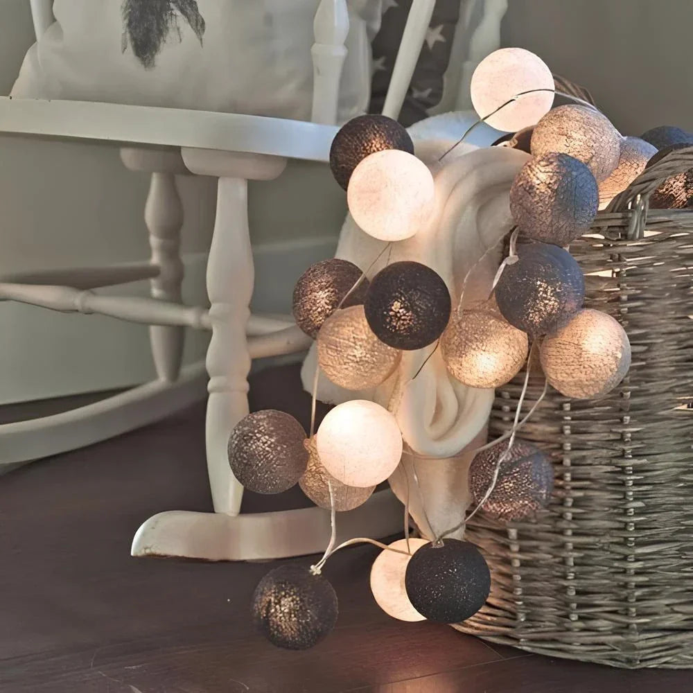 LED String Lights | Woven Cotton Balls & Warm Glow | Battery/USB Powered