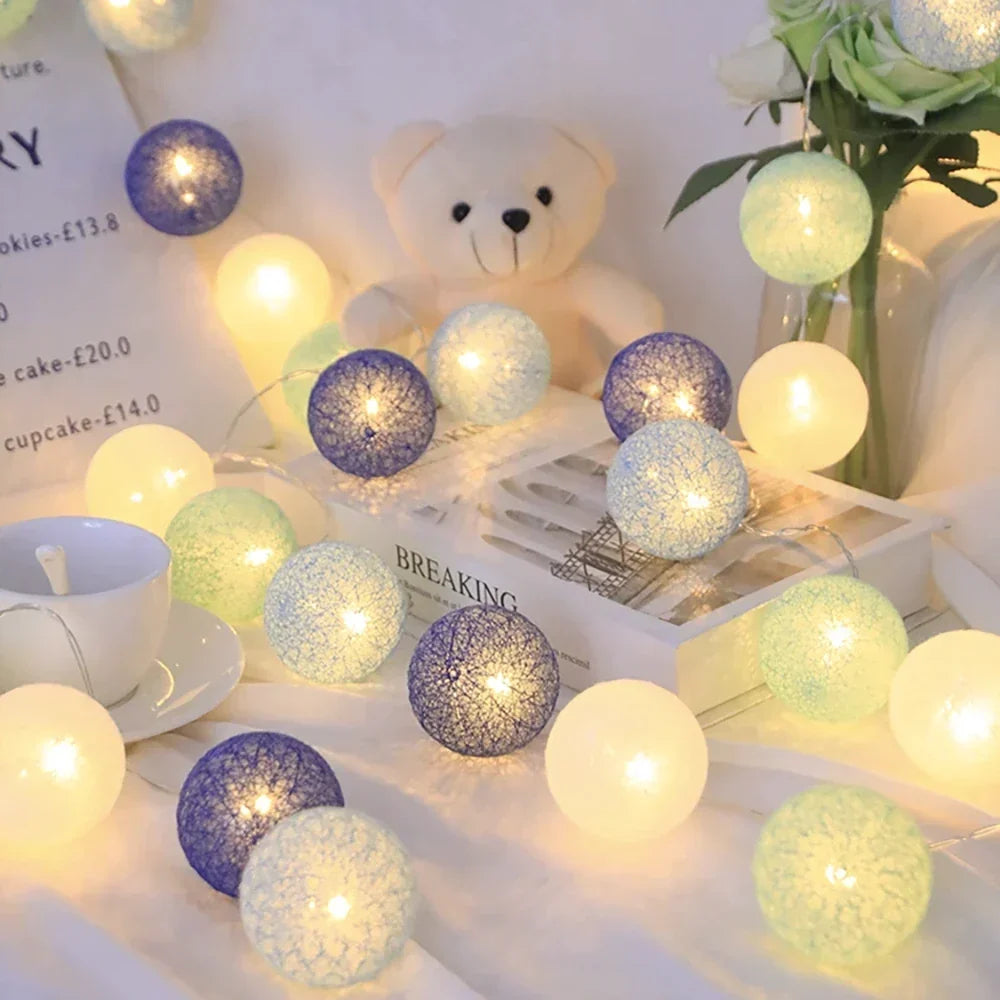LED String Lights | Woven Cotton Balls & Warm Glow | Battery/USB Powered