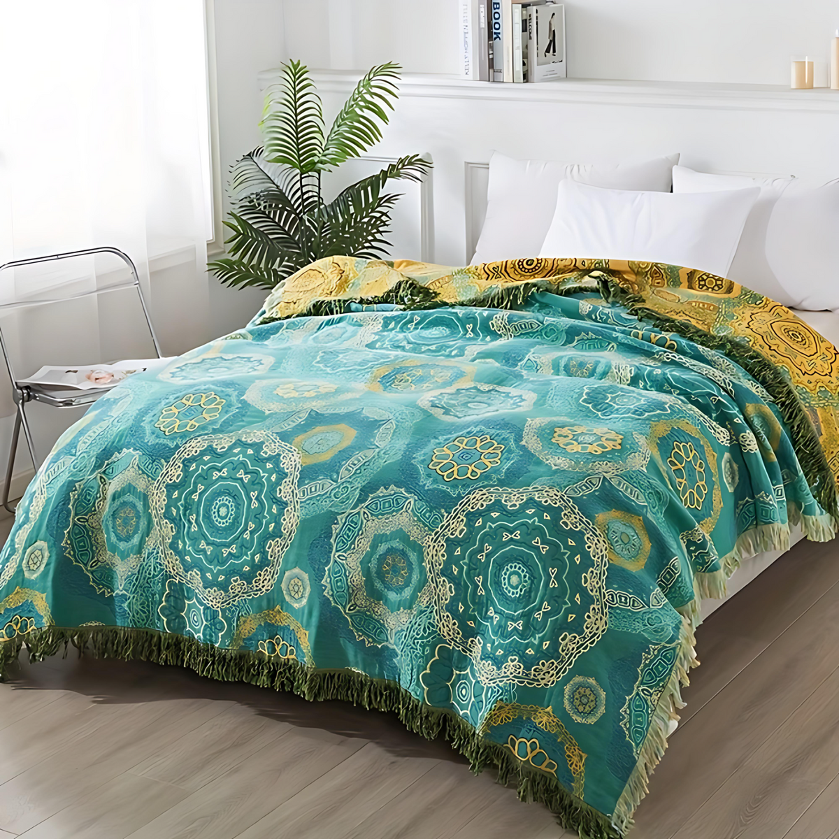 Four-Season Blanket | Teal Mandala Pattern | 79 x 90.5 in