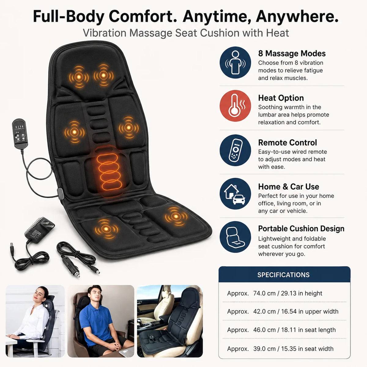 Massage Chair Pad | Vibrating & Heated Remote-Controlled