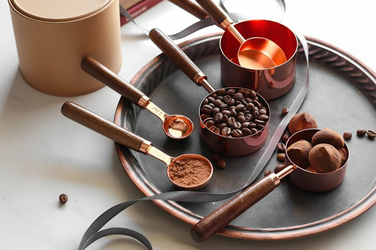 Measuring Cups & Spoons Set | Copper-Plated Stainless Steel | Walnut Handles