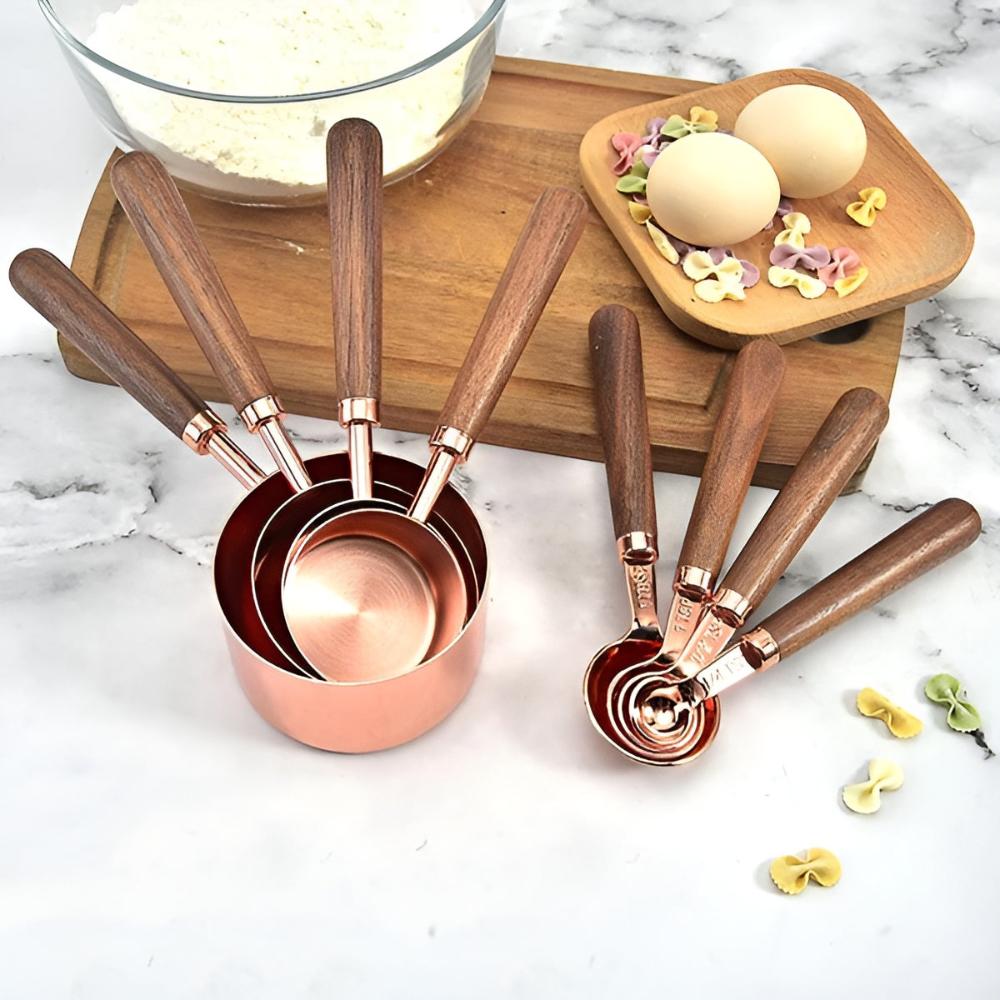 Measuring Cups & Spoons Set | Copper-Plated Stainless Steel | Walnut Handles