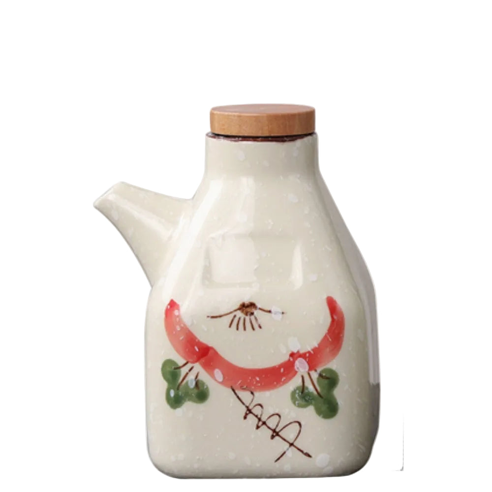 Oil & Sauce Dispenser | Glazed Ceramic & Bamboo Lid | Narrow Pour Spout