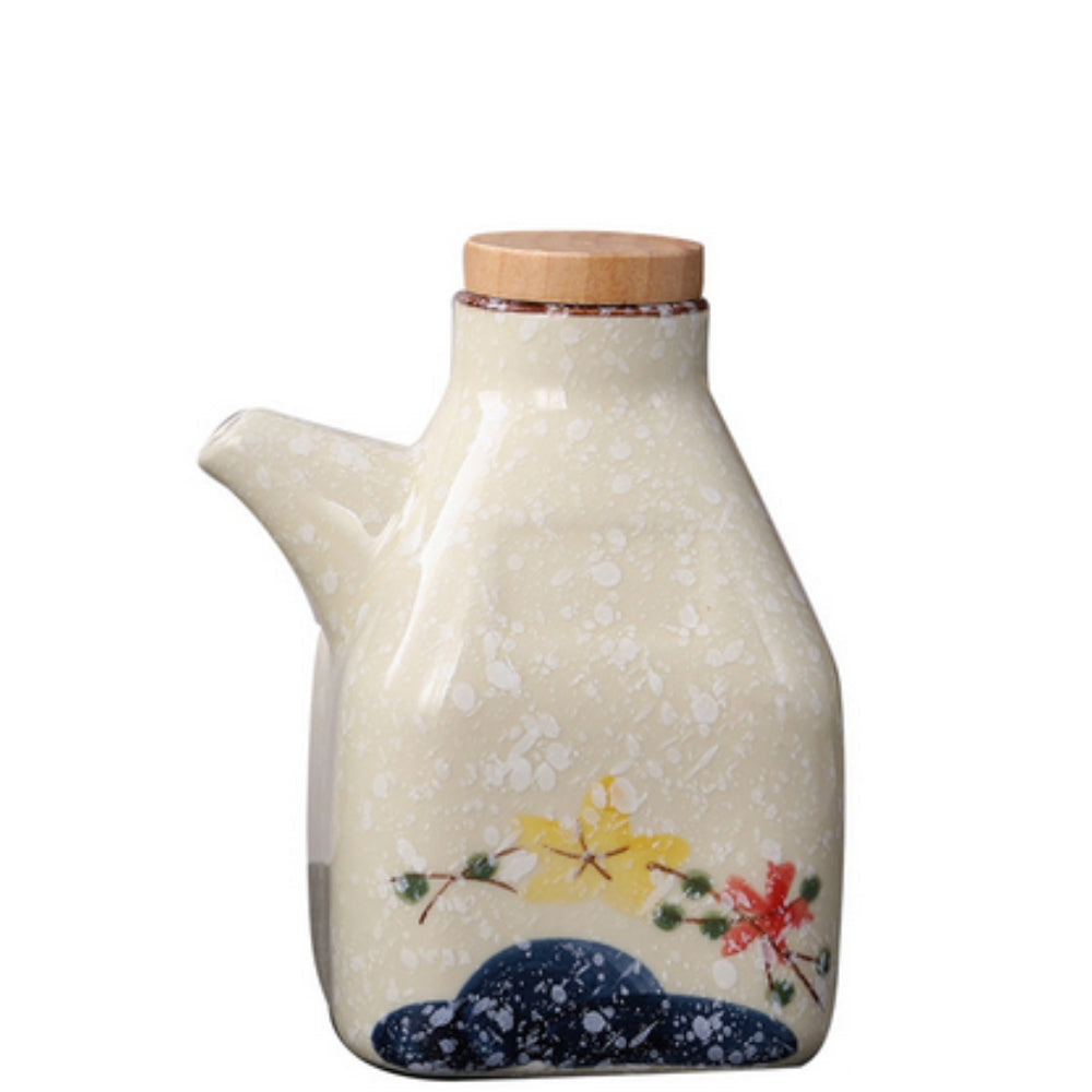Oil & Sauce Dispenser | Glazed Ceramic & Bamboo Lid | Narrow Pour Spout