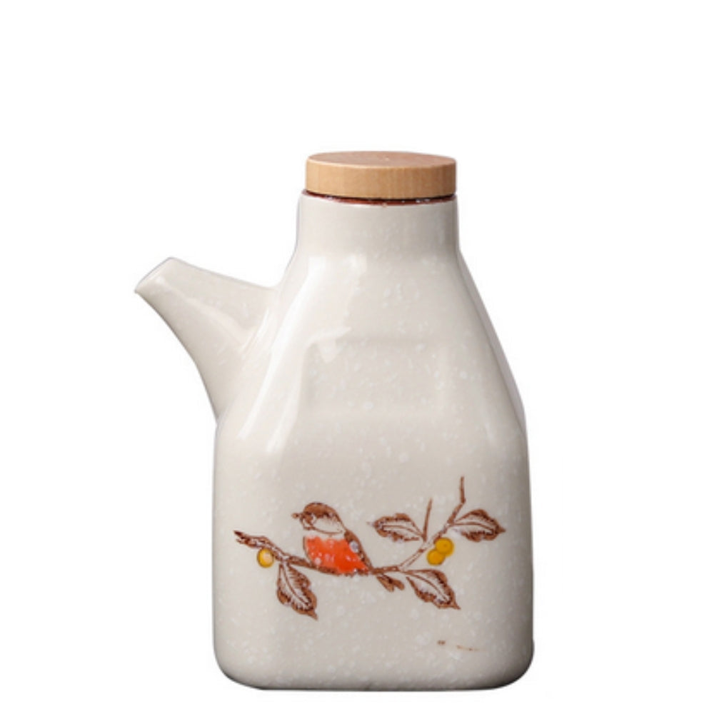 Oil & Sauce Dispenser | Glazed Ceramic & Bamboo Lid | Narrow Pour Spout