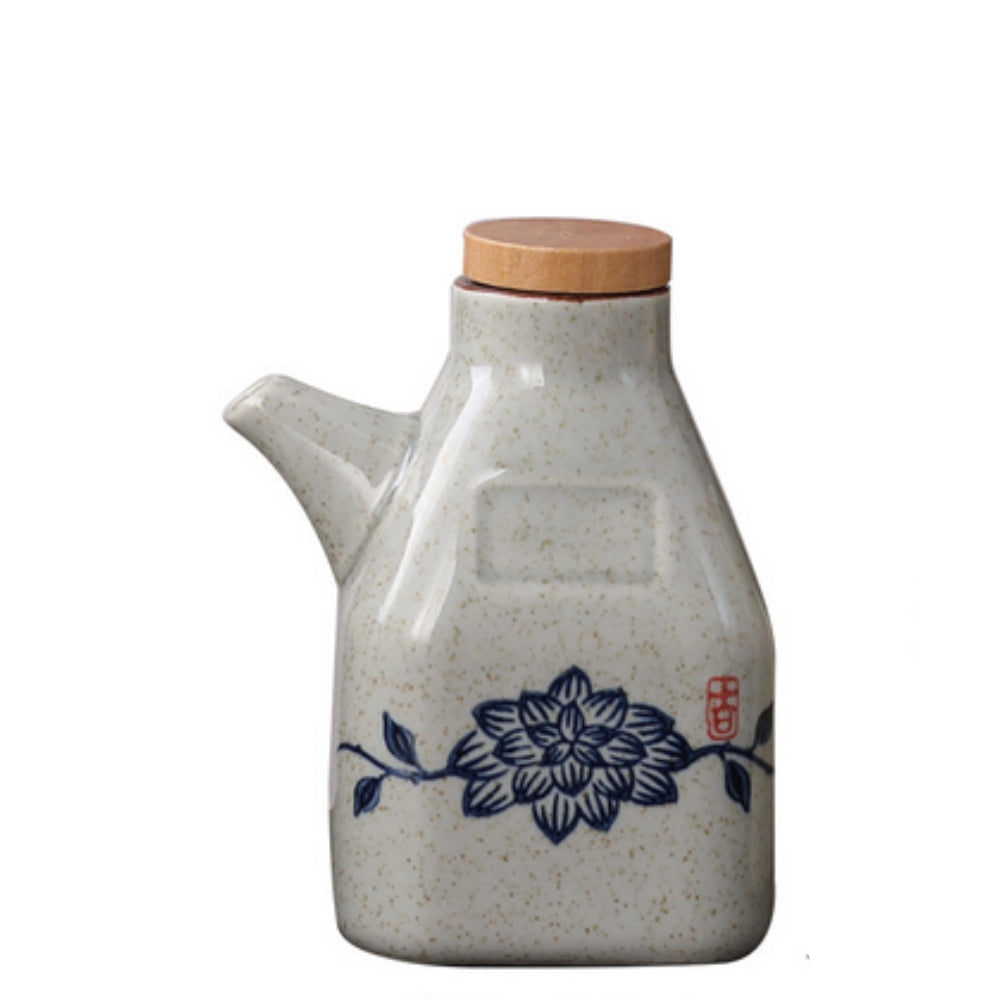 Oil & Sauce Dispenser | Glazed Ceramic & Bamboo Lid | Narrow Pour Spout