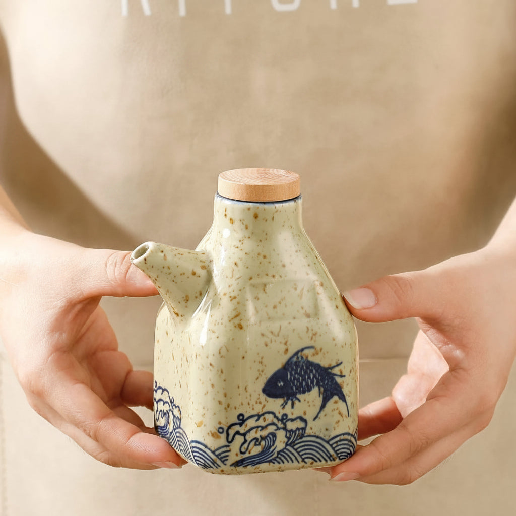 Oil & Sauce Dispenser | Glazed Ceramic & Bamboo Lid | Narrow Pour Spout
