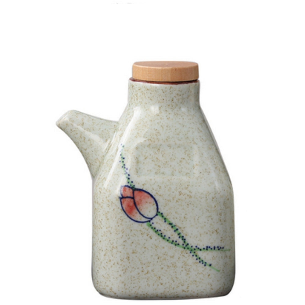 Oil & Sauce Dispenser | Glazed Ceramic & Bamboo Lid | Narrow Pour Spout