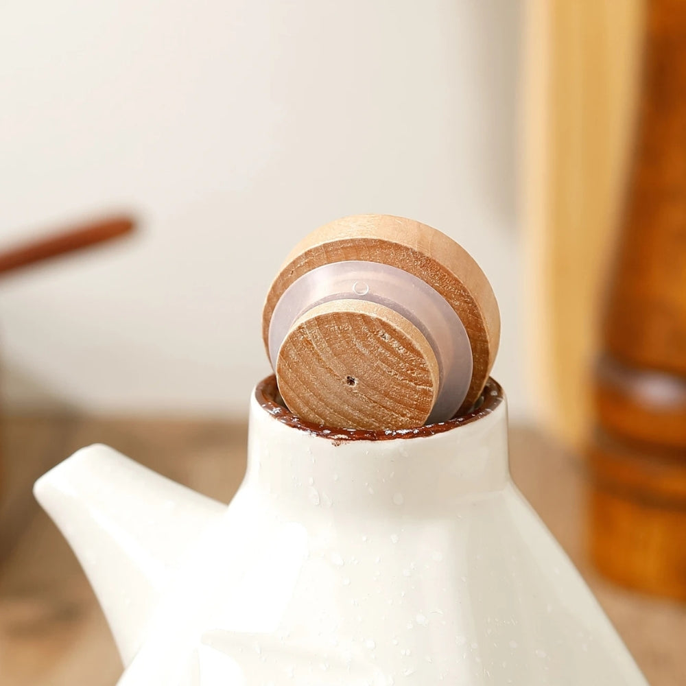 Oil & Sauce Dispenser | Glazed Ceramic & Bamboo Lid | Narrow Pour Spout
