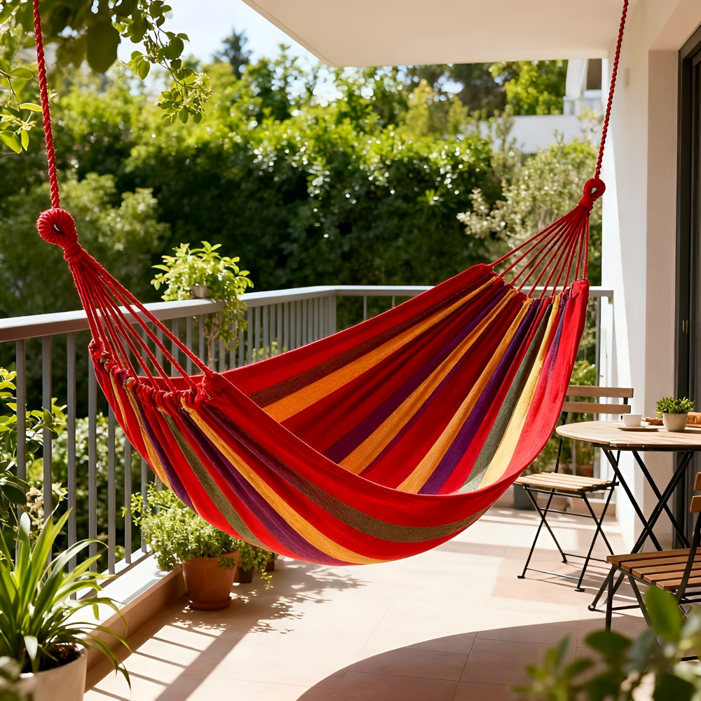 Outdoor Hammock | Woven Cotton & Suspension Ropes | Carrying Bag Included