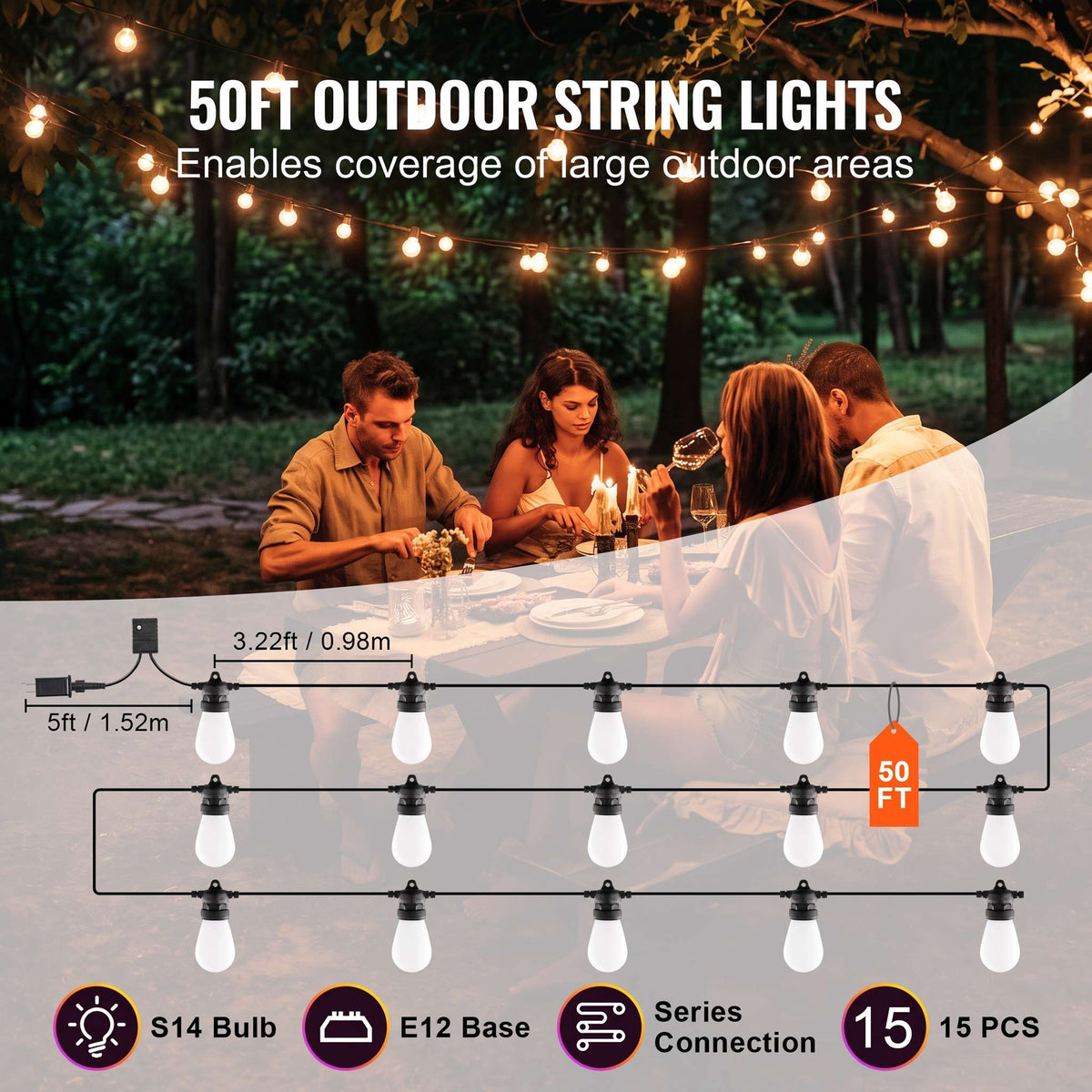 Outdoor String Lights | App-Controlled RGB & Weather-Resistant | 50 Ft