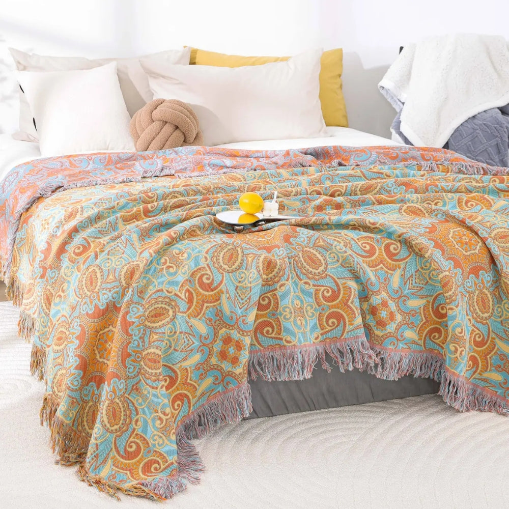 Throw Blanket | Reversible Paisley Cotton & Tassels | Lightweight