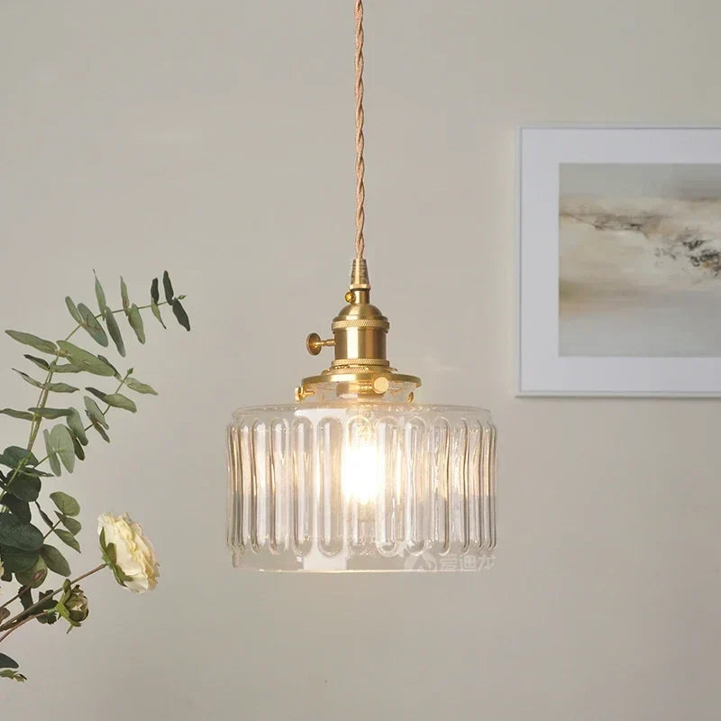 Pendant Light | Ribbed Glass & Brass Finish | Adjustable Cable