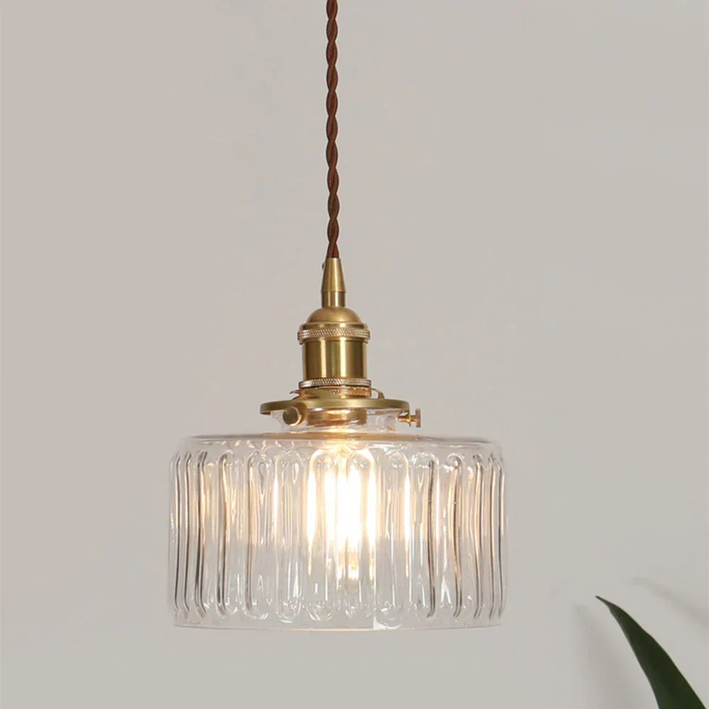 Pendant Light | Ribbed Glass & Brass Finish | Adjustable Cable