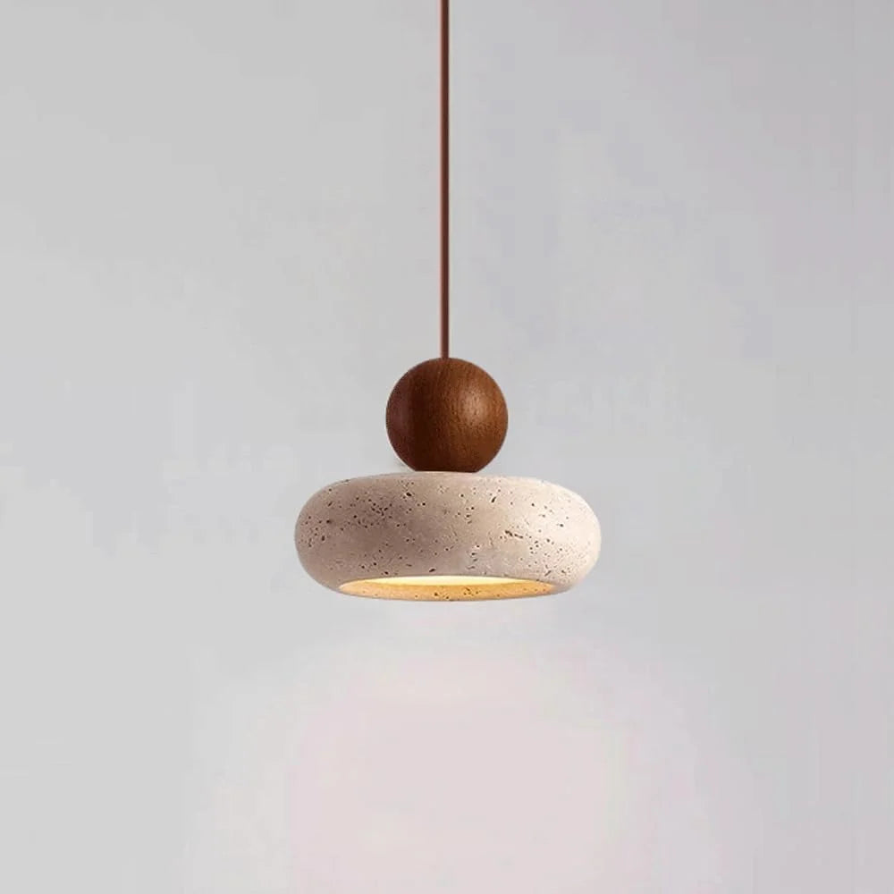 Pendant Light | Travertine & Solid Wood | Integrated Warm LED