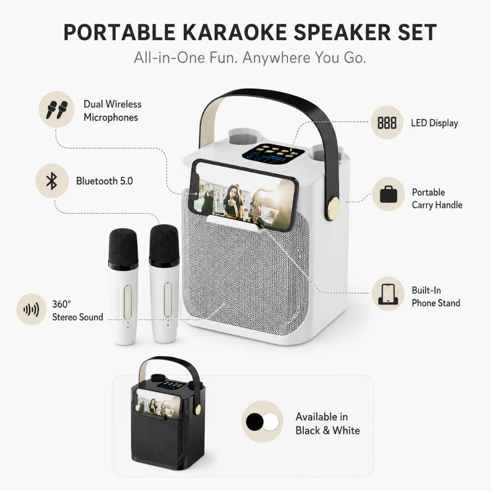 Portable Karaoke Speaker | Bluetooth & Dual Wireless Mics