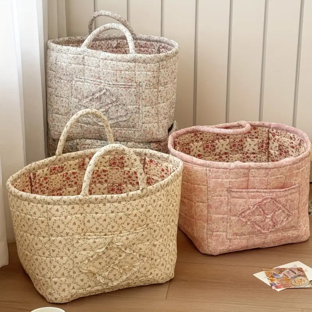 Storage Basket | Quilted Floral Microfiber | Side Carry Handles