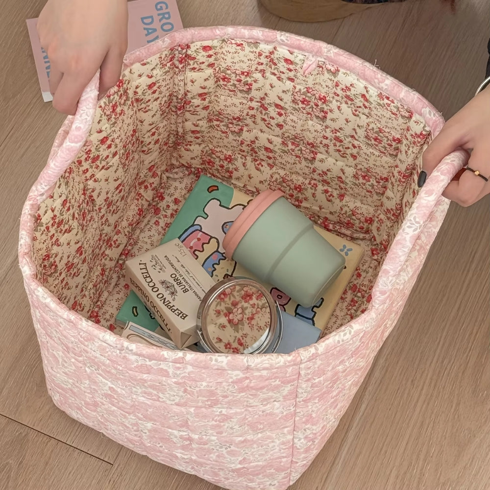Storage Basket | Quilted Floral Microfiber | Side Carry Handles