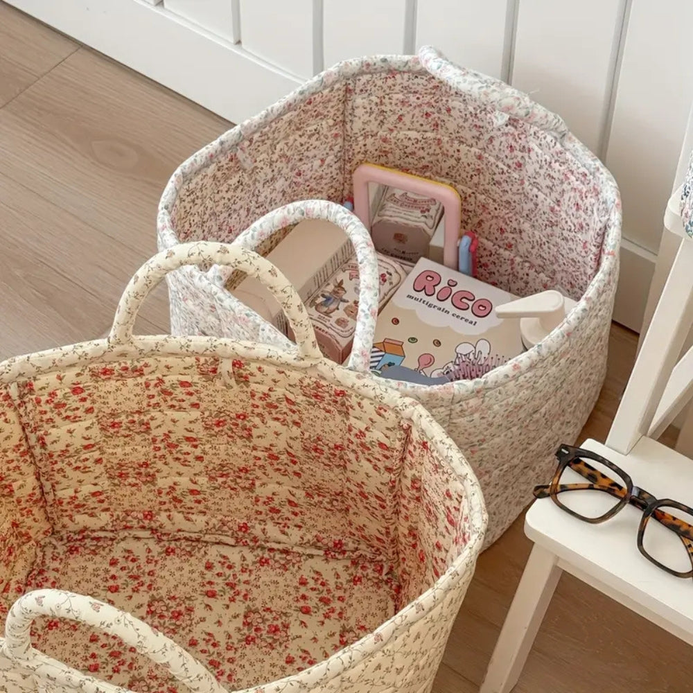 Storage Basket | Quilted Floral Microfiber | Side Carry Handles