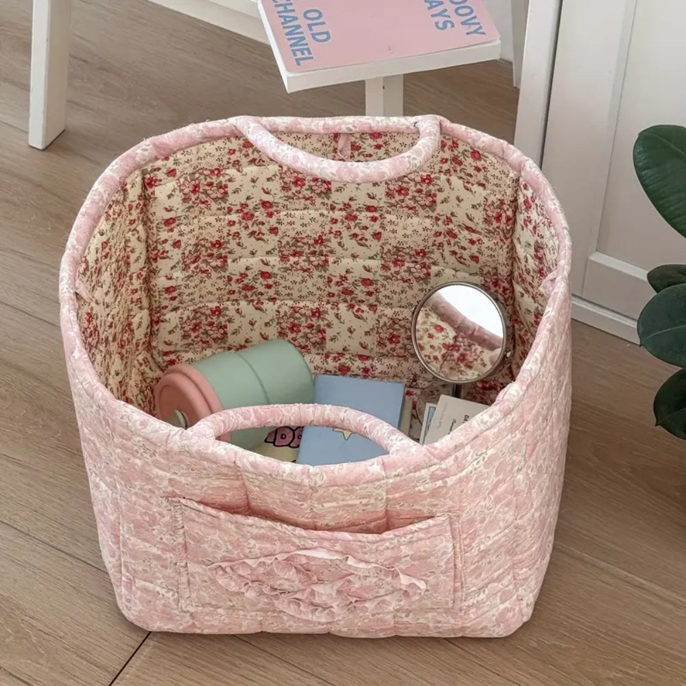 Storage Basket | Quilted Floral Microfiber | Side Carry Handles