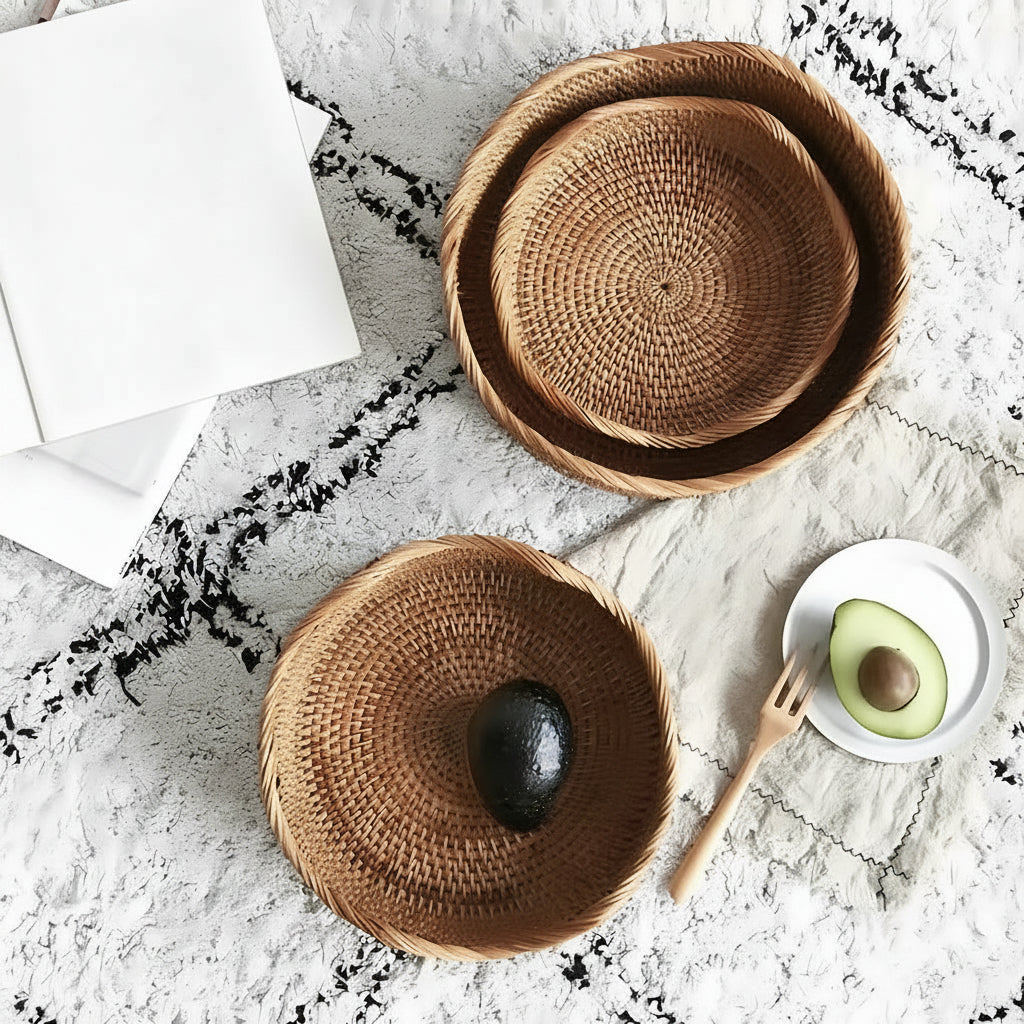 Storage Basket | Handwoven Rattan | Shallow Round Design