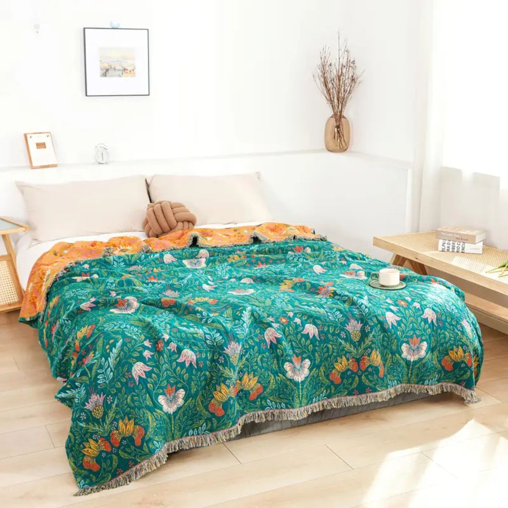 Throw Blanket | Reversible Bird & Floral Cotton | Tassel Trim