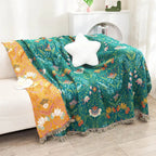 Throw Blanket | Reversible Bird & Floral Cotton | Tassel Trim