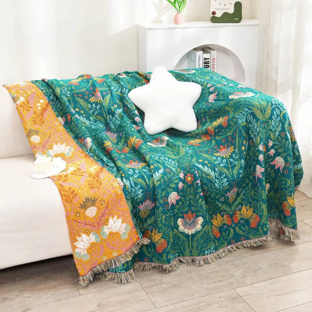 Throw Blanket | Reversible Bird & Floral Cotton | Tassel Trim