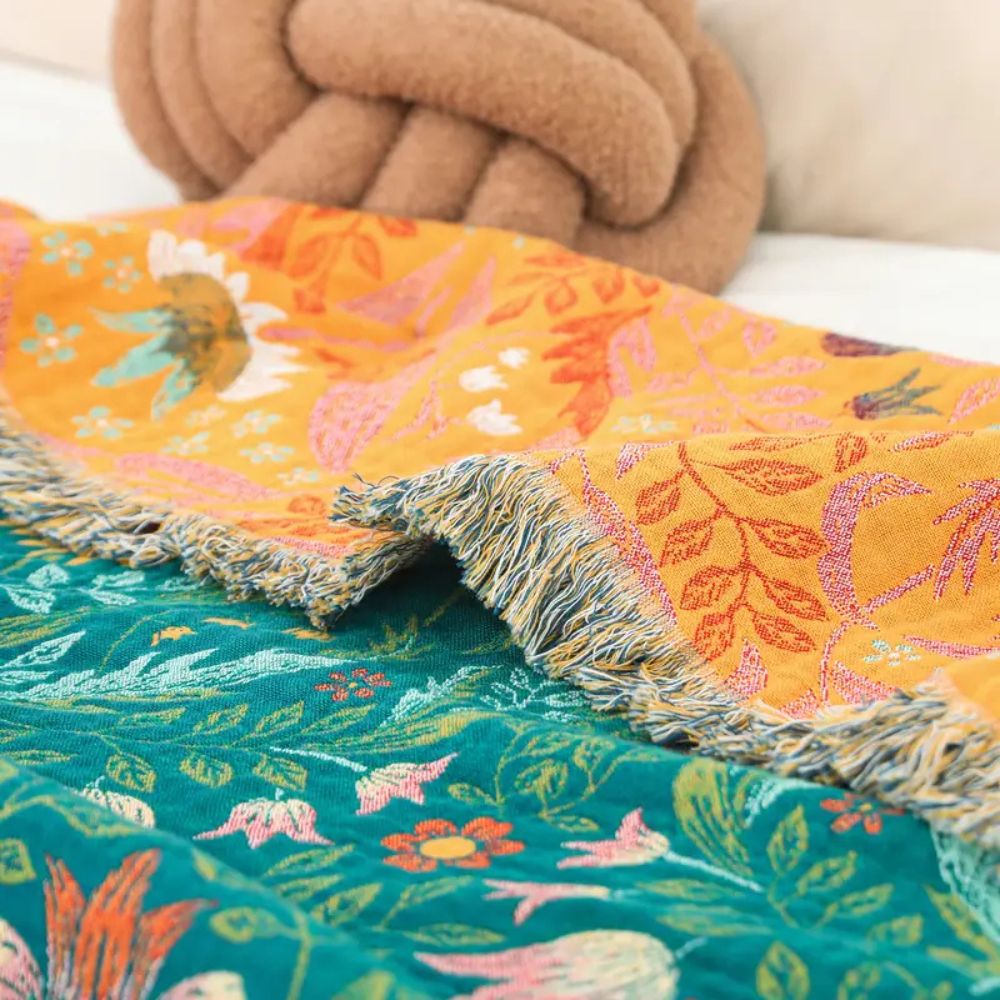 Throw Blanket | Reversible Bird & Floral Cotton | Tassel Trim