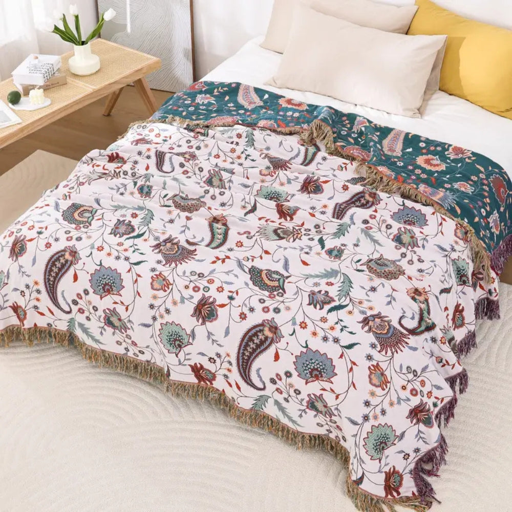 Throw Blanket | Reversible Woven Cotton Florals | Tassel Edges