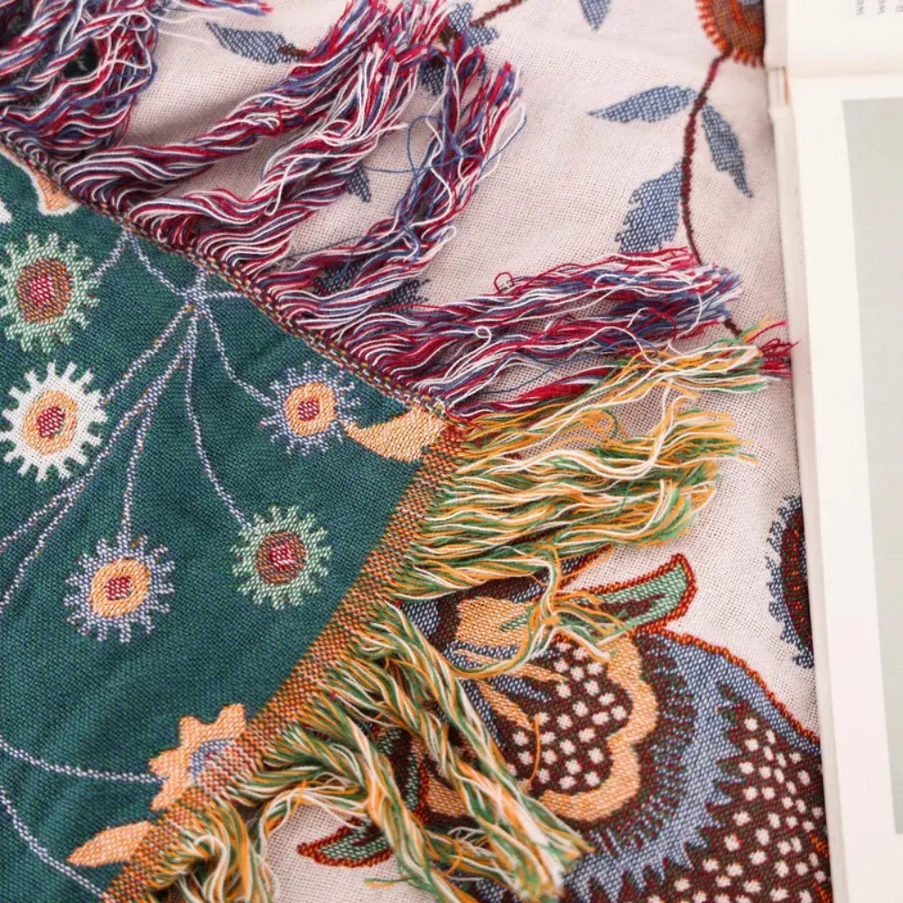 Throw Blanket | Reversible Woven Cotton Florals | Tassel Edges
