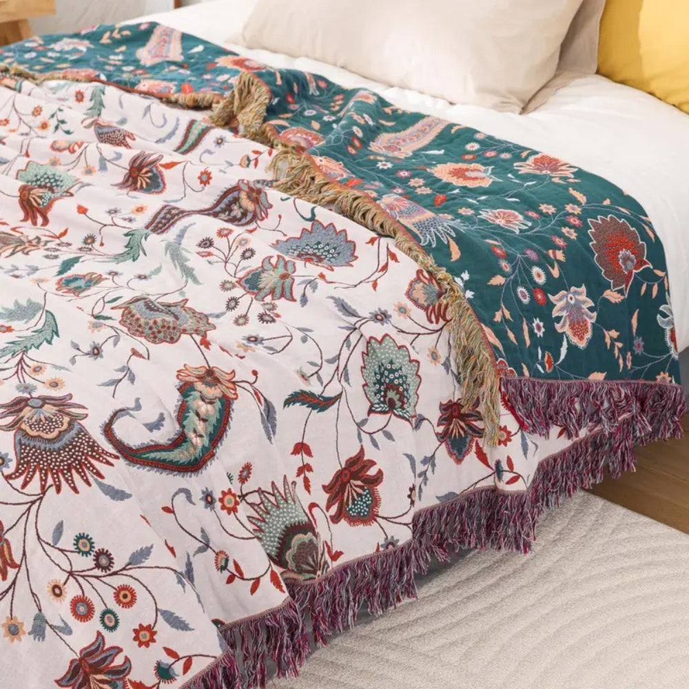 Throw Blanket | Reversible Woven Cotton Florals | Tassel Edges