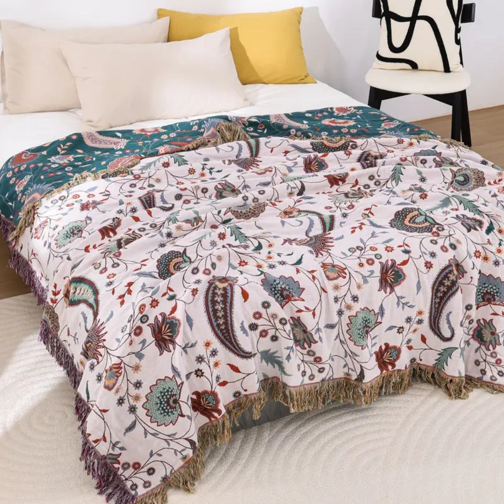 Throw Blanket | Reversible Woven Cotton Florals | Tassel Edges