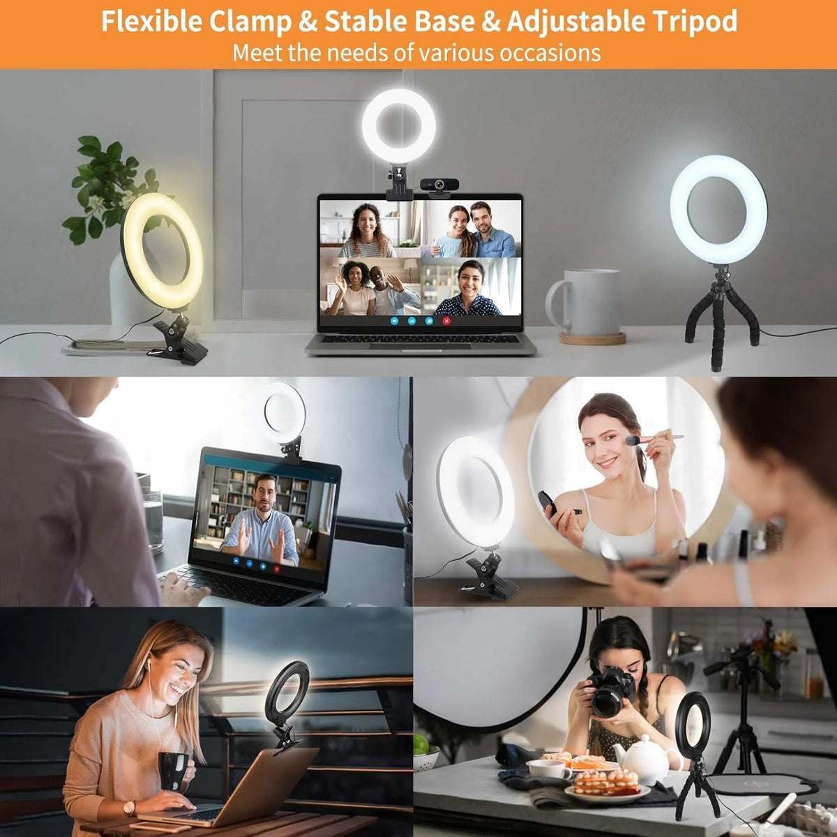 Ring Light | Clip-On & Adjustable 3200–6500K | Clamp & Flexible Tripod