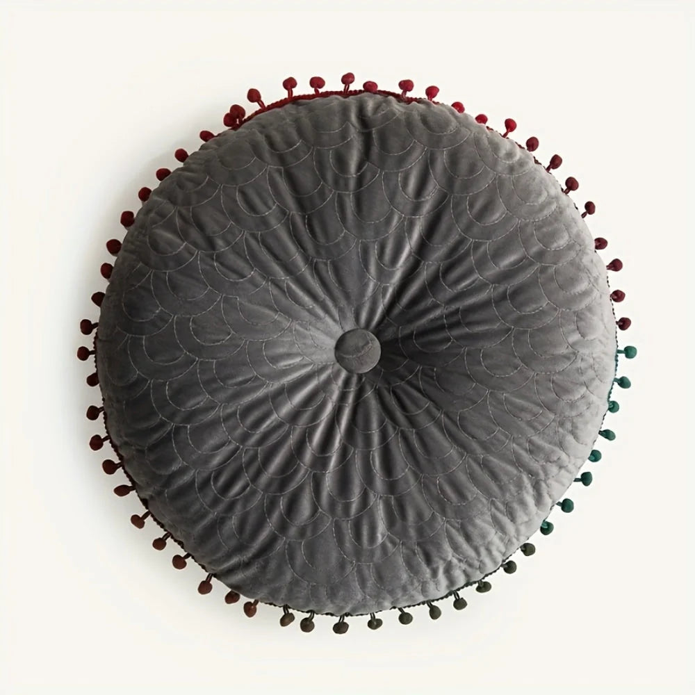 Round Ottoman Cushion | Vintage Quilted Velvet & Pom-Pom Trim