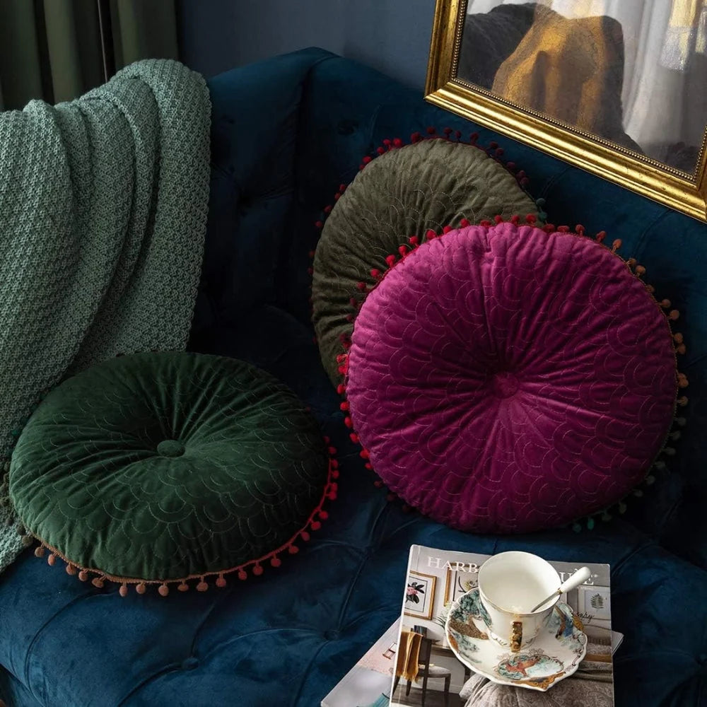 Round Ottoman Cushion | Vintage Quilted Velvet & Pom-Pom Trim