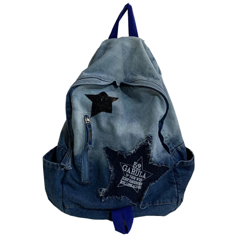 School Backpack | Denim Star Appliqué & Padded Adjustable Straps
