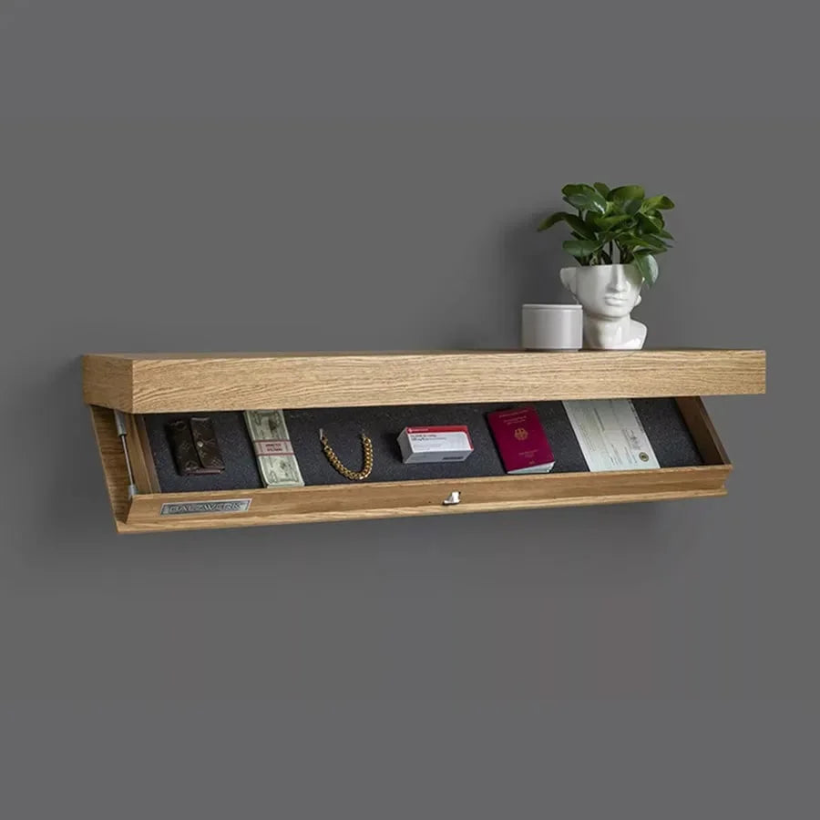 Wall Shelf | Hidden Storage Compartment | Wood, 53 x 17.5 x 5 cm