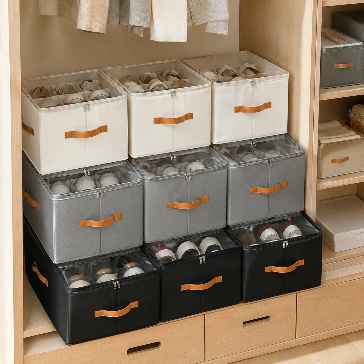 Shoe Storage Box | Collapsible Fabric With Clear Window | Divided Compartments