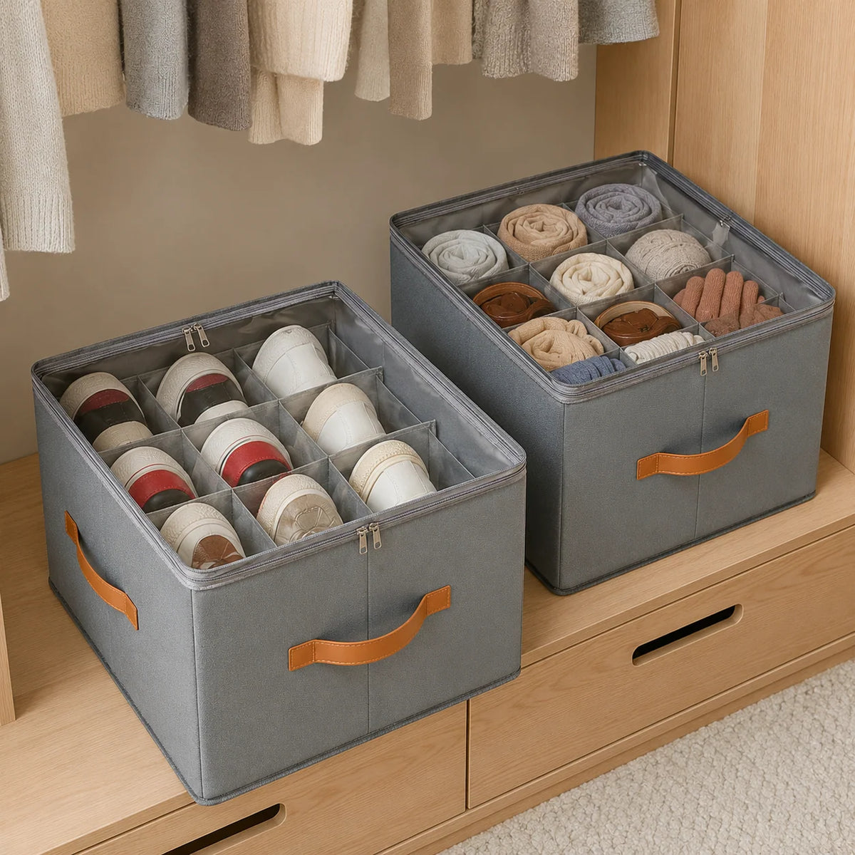 Shoe Storage Box | Collapsible Fabric With Clear Window | Divided Compartments